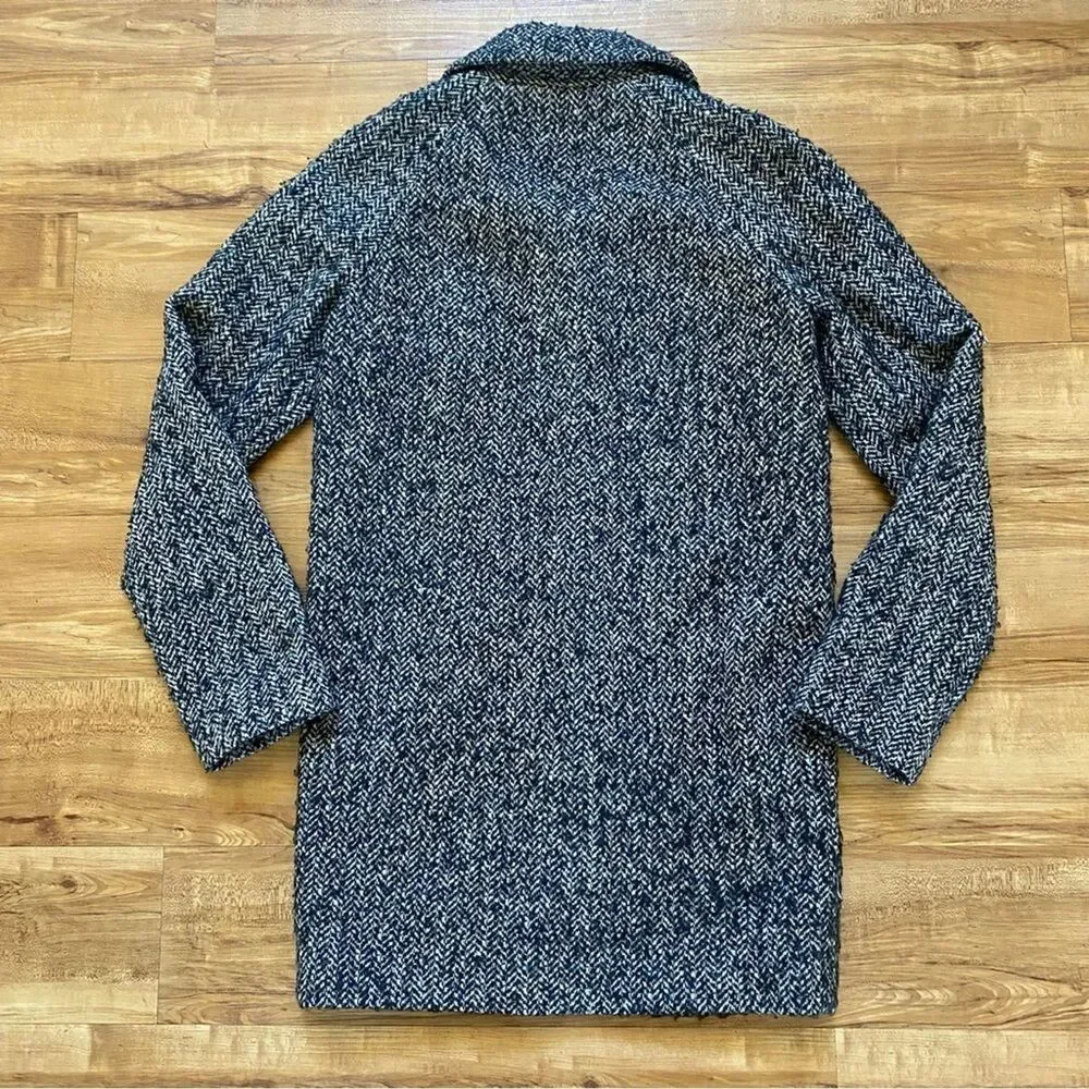JACK WILLS 2 Womens Navy Blue Fuzzy Wool Tweed Herringbone Pea Coat Academia